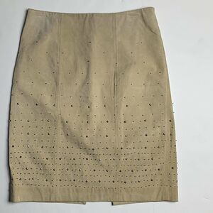 White House Black Market Tan Leather Mini Pencil Skirt SZ 2 Studs Indie Festival